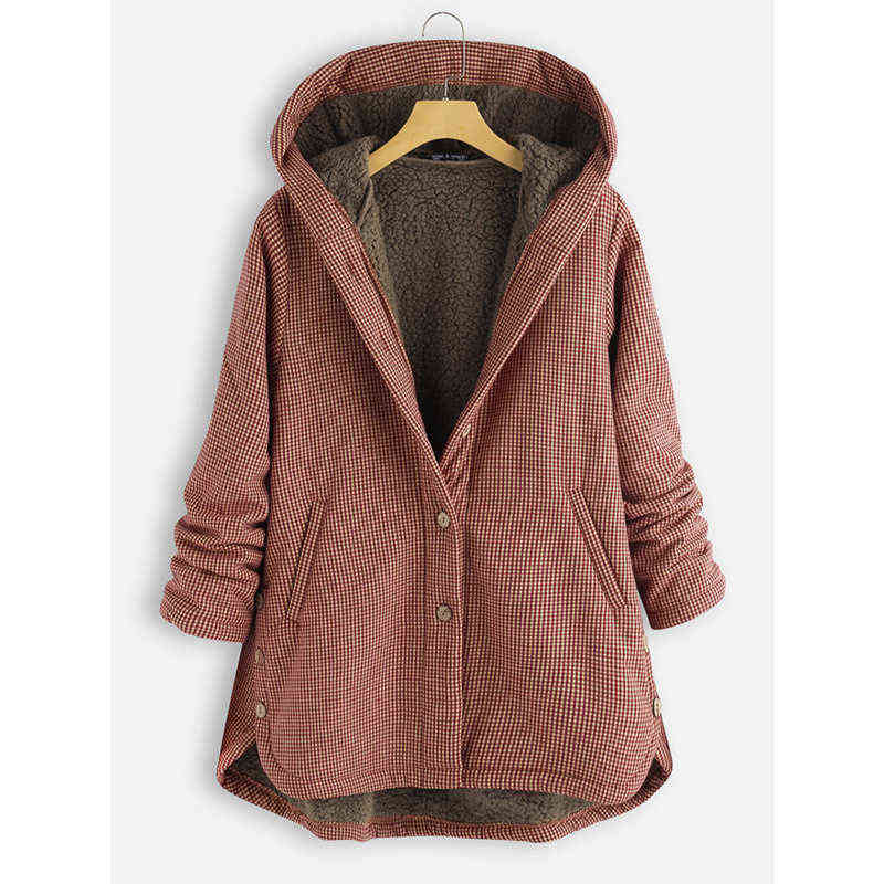 Coat Autumn And Winter Women's Plaid Loose Plus Velvet Buttons High Street Hooded Jacket Manteau Femme En* 211104