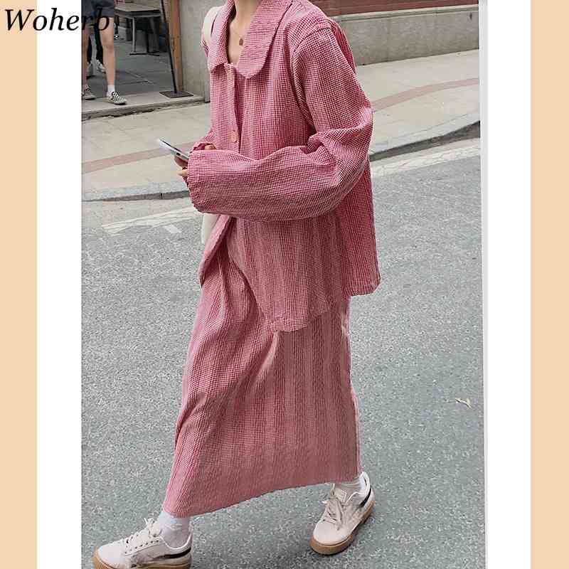 Summer Loose All Match 2 Pieces Set Women Thin Plaid Blouse Coat + High Waist Long Skirts Korean Streetwear Outfits 210519