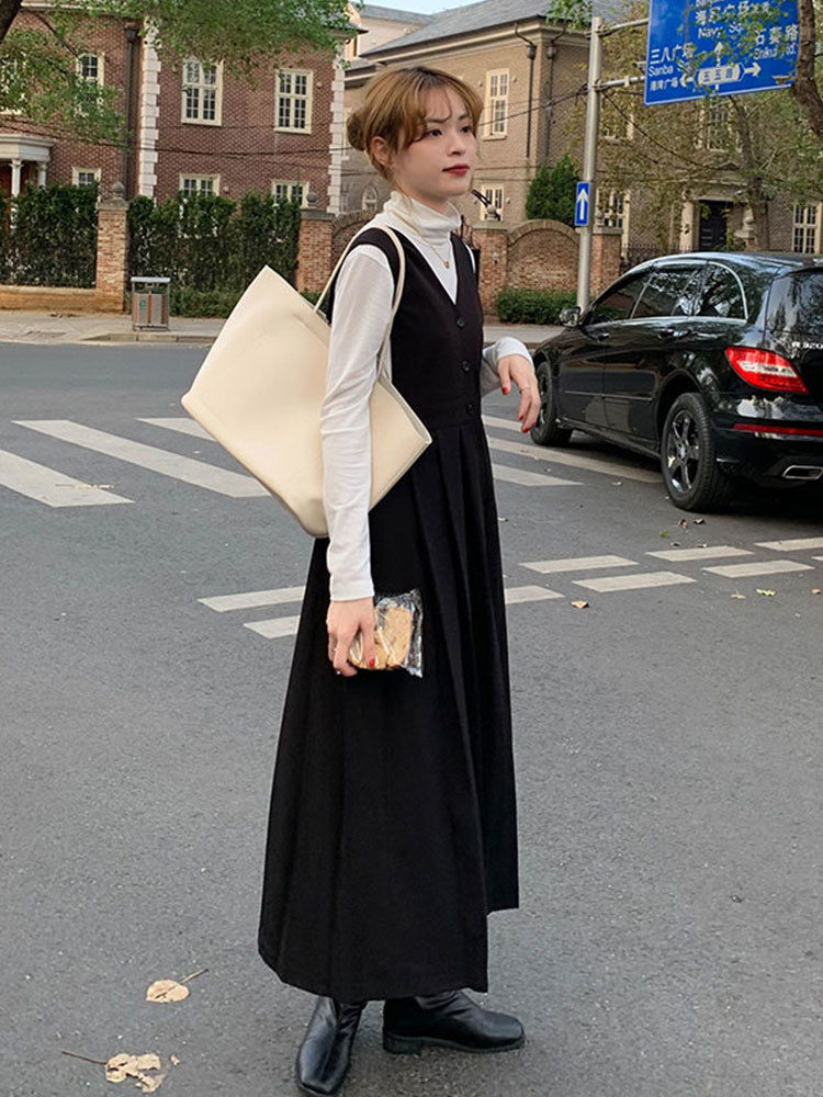 2colors long dress autumn Soild color loose spaghetti strap Sleeveless autumn dress womens pleated dresses (X1642) 210423