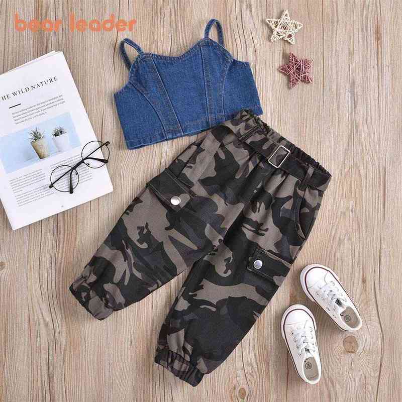 Bear Leader Baby Girl Summer Clothing 2Pcs 2022 Toddler Kids Casual Button Down Denim Crop Tops and Pants Clothing Set Y220310