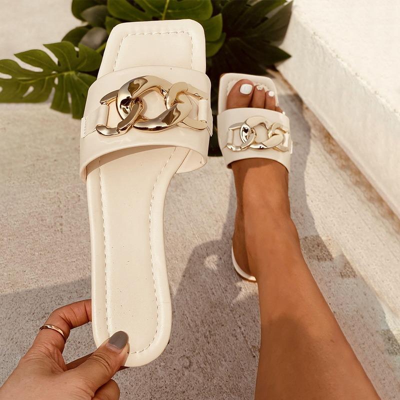Summer Women Slipper Design Gold Chain Closed Toe Slip On Mules Shoes Flat Heels Square Head Casual Slides Flip Flop Slippers, Beige
Summer Women Slipper Design Gold Chain Closed Toe Slip On Mules Shoes Flat Heels Square Head Casual Slides Flip Flop Slippers, Beige