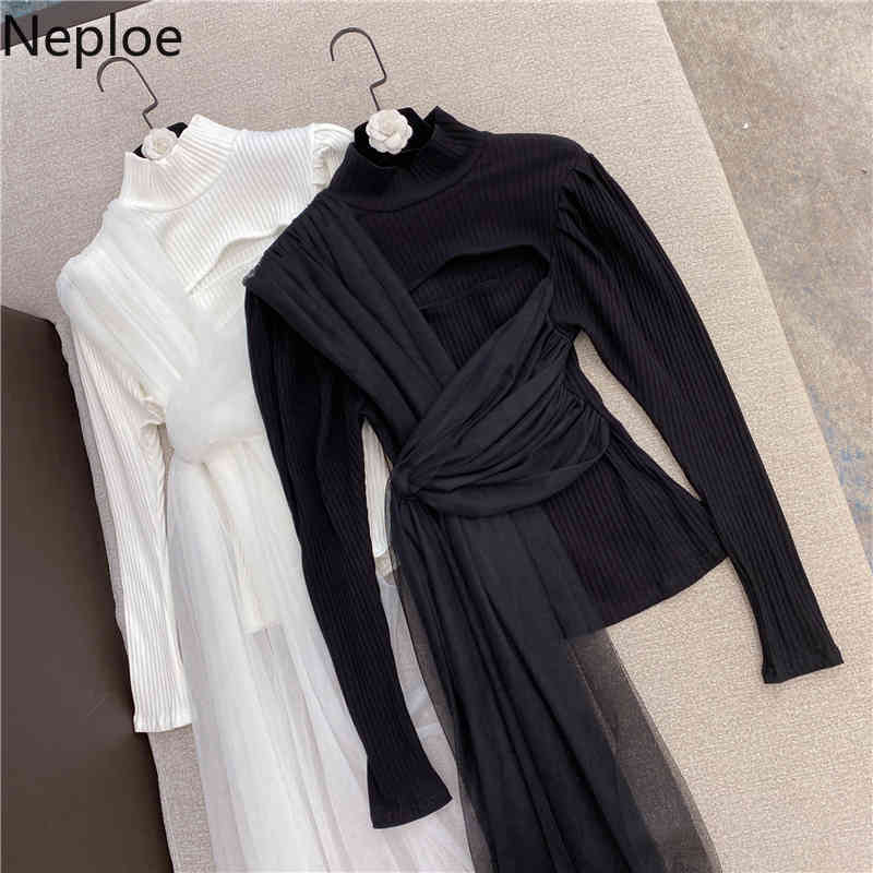 Neploe Sweaters Women Half Turtleneck Gauze Knitted Sexy Pullovers Slim Fit Short Jumper Korean Fashion Sueter Tops 4G294 210422