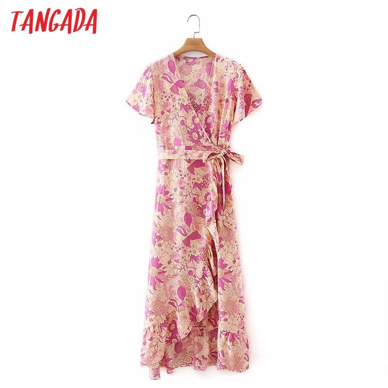 Summer Women Print French Style Ruffles with Slash Short Sleeve Ladies Midi Dress Vestidos 2M141 210416