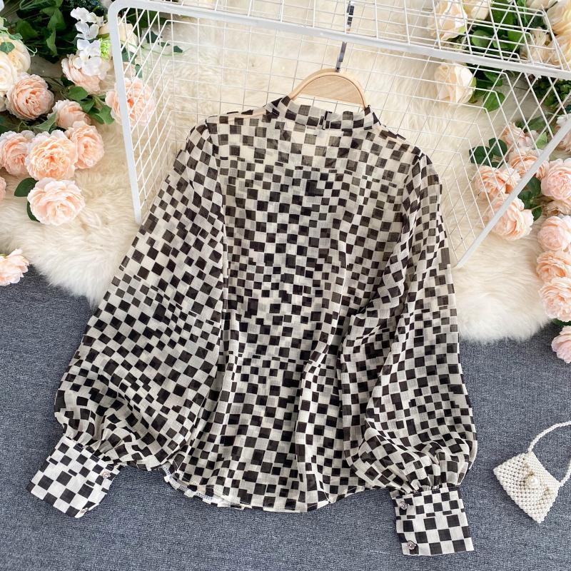 Womens Autumn Blouse French Retro Bow ONeck Long Sleeve Plaid Chiffon Shirts Women blusa PL488 210401