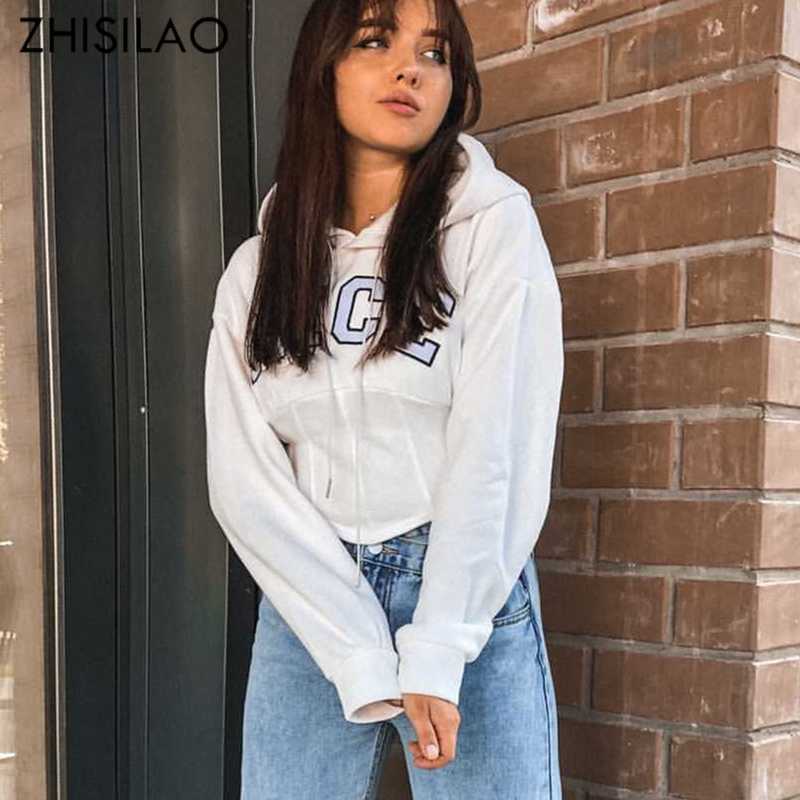 ZHISILAO Crop Tops Warm Woolen Sweatshit Women White Letter Print Hoodies Winter Sexy Corset Pullover Hooded Streetwear 211008