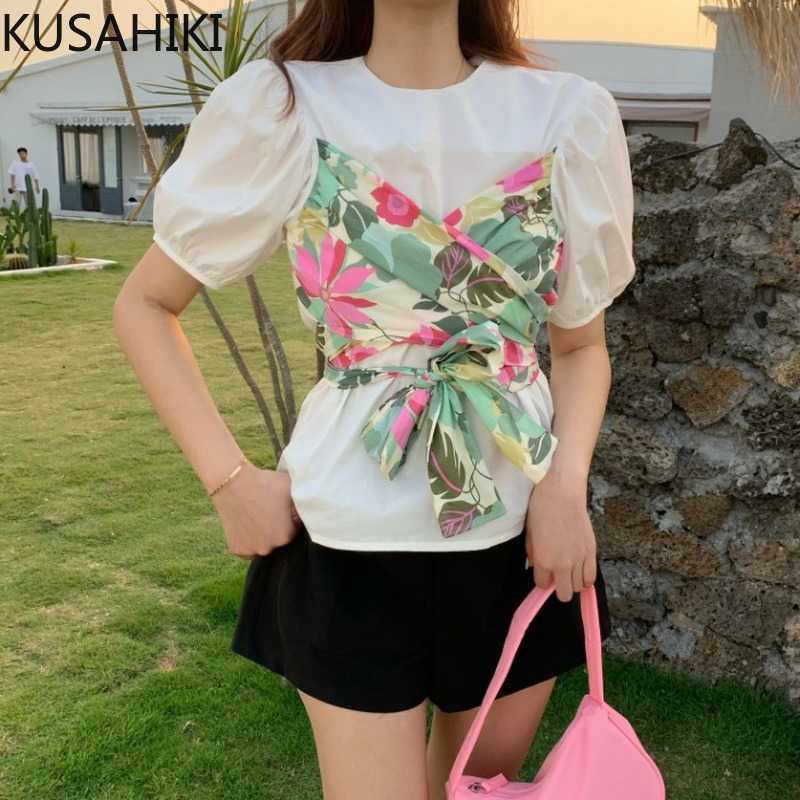Floral Patchwork Fake Two Pieces Women Shirt Bow Bandage Slim Waist Blouse Puff Short Sleeve O-neck Sweet Blusas 6G848 210603, Blue 
Floral Patchwork Fake Two Pieces Women Shirt Bow Bandage Slim Waist Blouse Puff Short Sleeve O-neck Sweet Blusas 6G848 210603, Blue