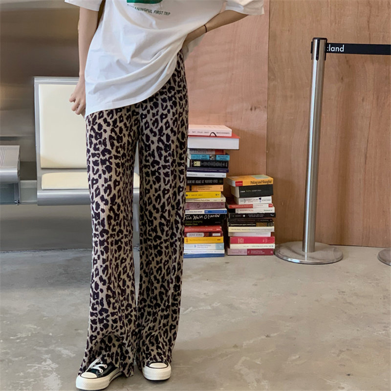 Pleated Leopard Stylish Straight Femme Prom Loose Party High Waist Summer Animal Printed Casual Pants 210421