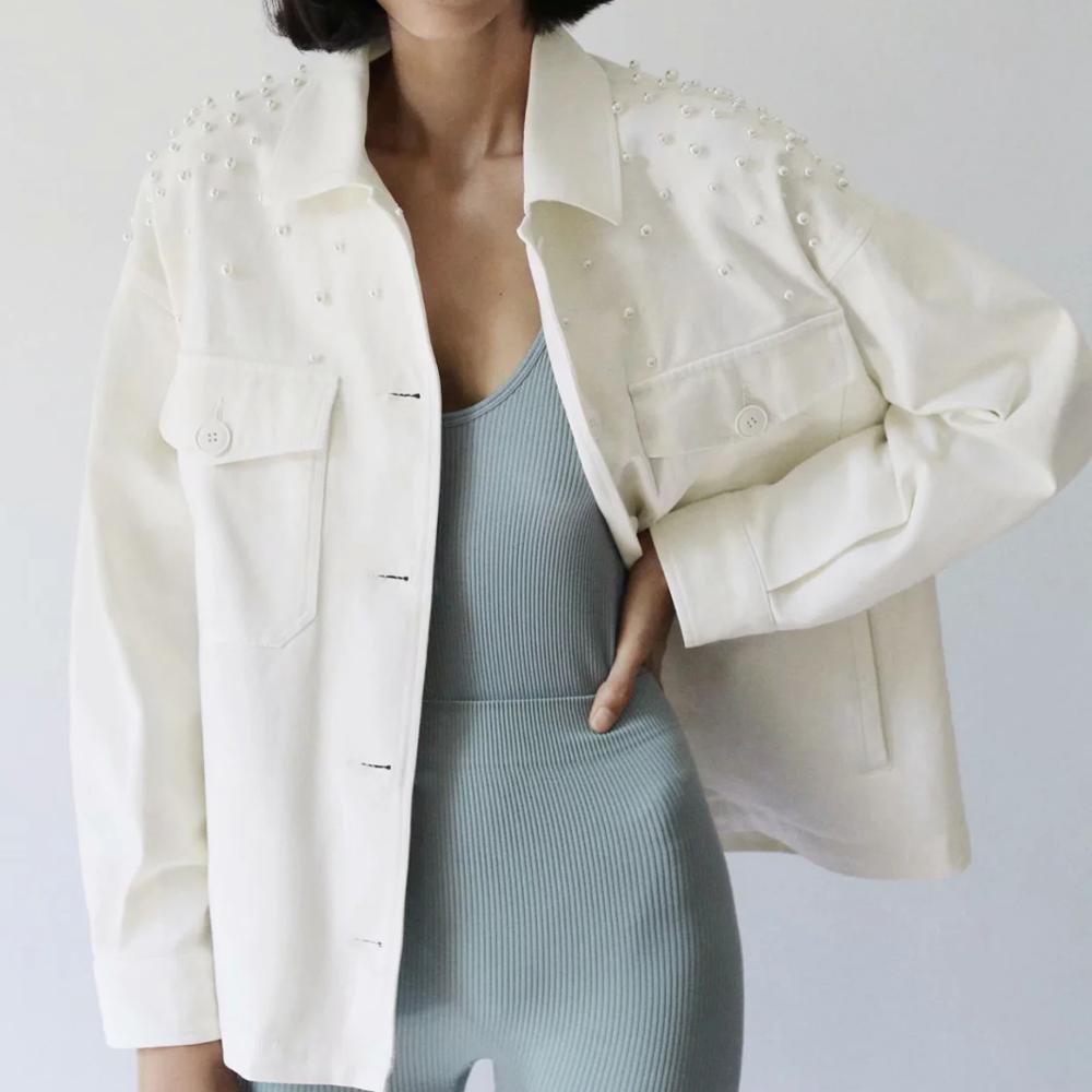 Women Fashion With Faux Pearls Appliques Loose Jacket Coat Vintage Long Sleeve Pockets Female Outerwear Chic Tops 210521