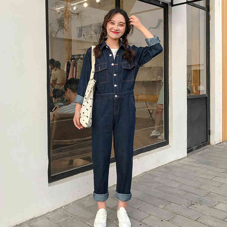 Wohern Cargo Jumpsuit Women Romper Denim Playsuit Autumn Jeans Woman Man Unisex Bodysuit Streetwear Overalls 210519