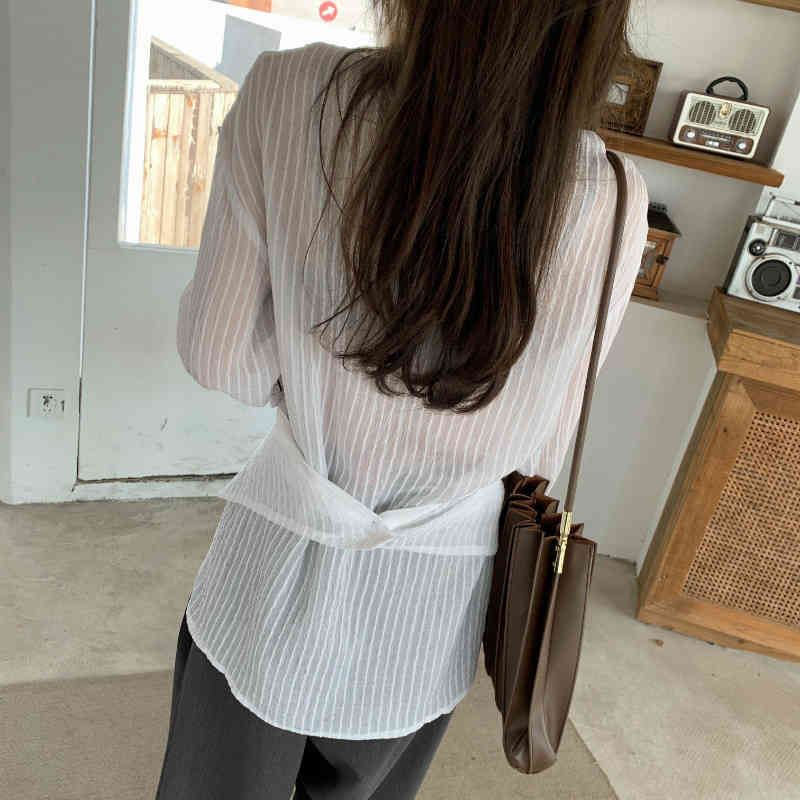 Minimalist Cross Waist Stripe Chiffon Blouse Women's Spring Laple Loose Long Sleeve Shirt Female Tide 5C394 210427