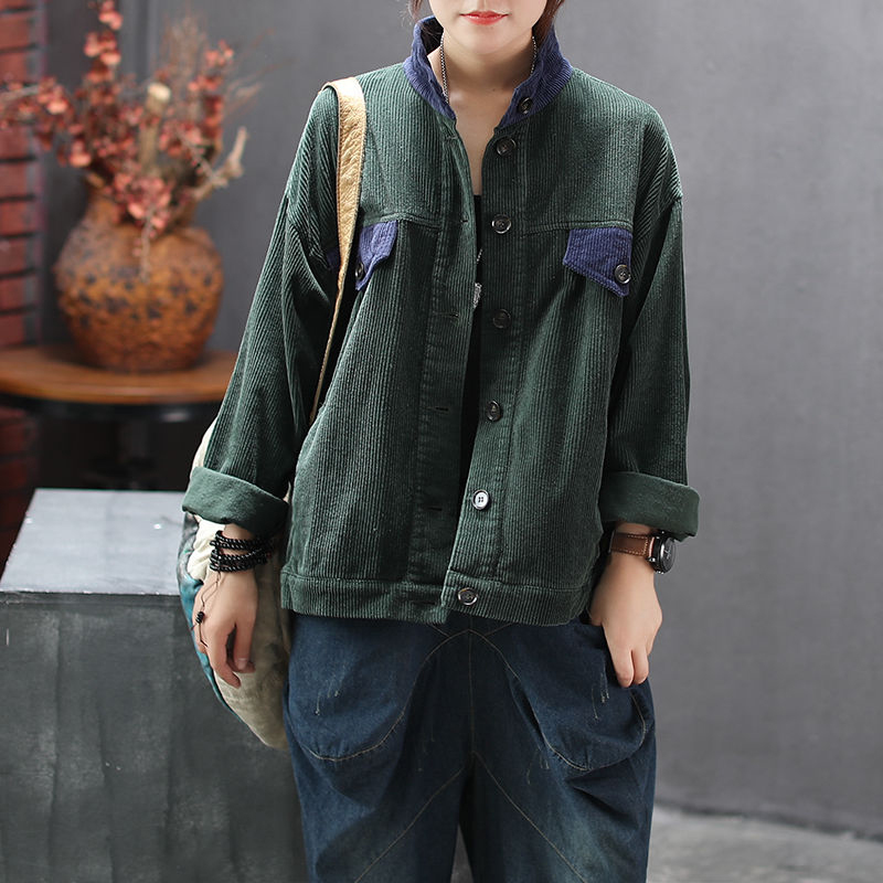 Autumn Arts Style Women Loose Coat Patchwork Retro Corduroy Jackets All-matched Casual Stand Collar Coats Ladies Clothes D407 210512
