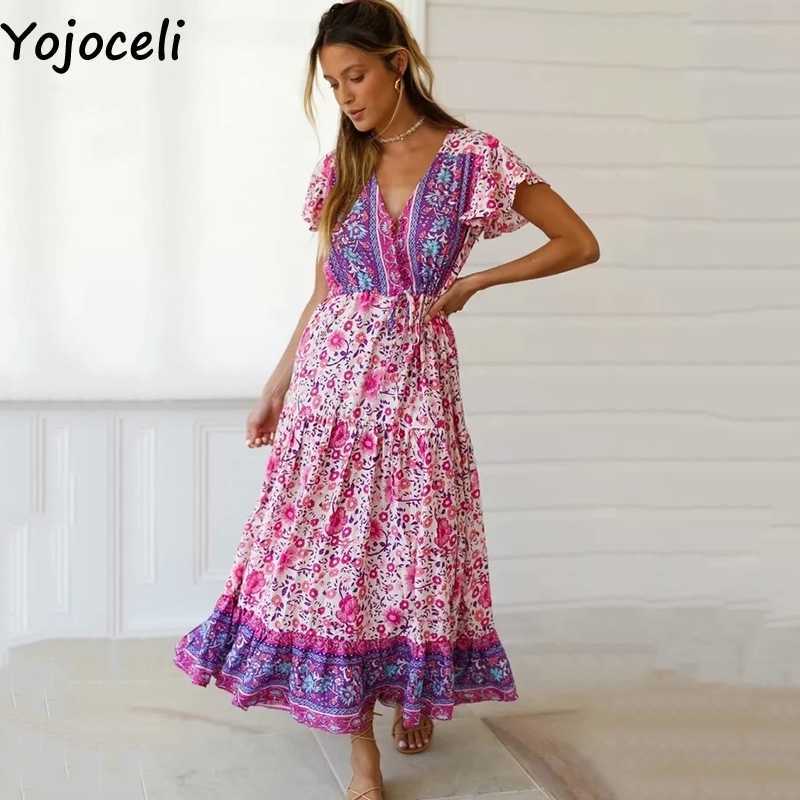 Yojoceli Elegant boho print ruffle wrap dres Summer sexy v neck beach long Casual cool bohemian maxi vestidos 210609