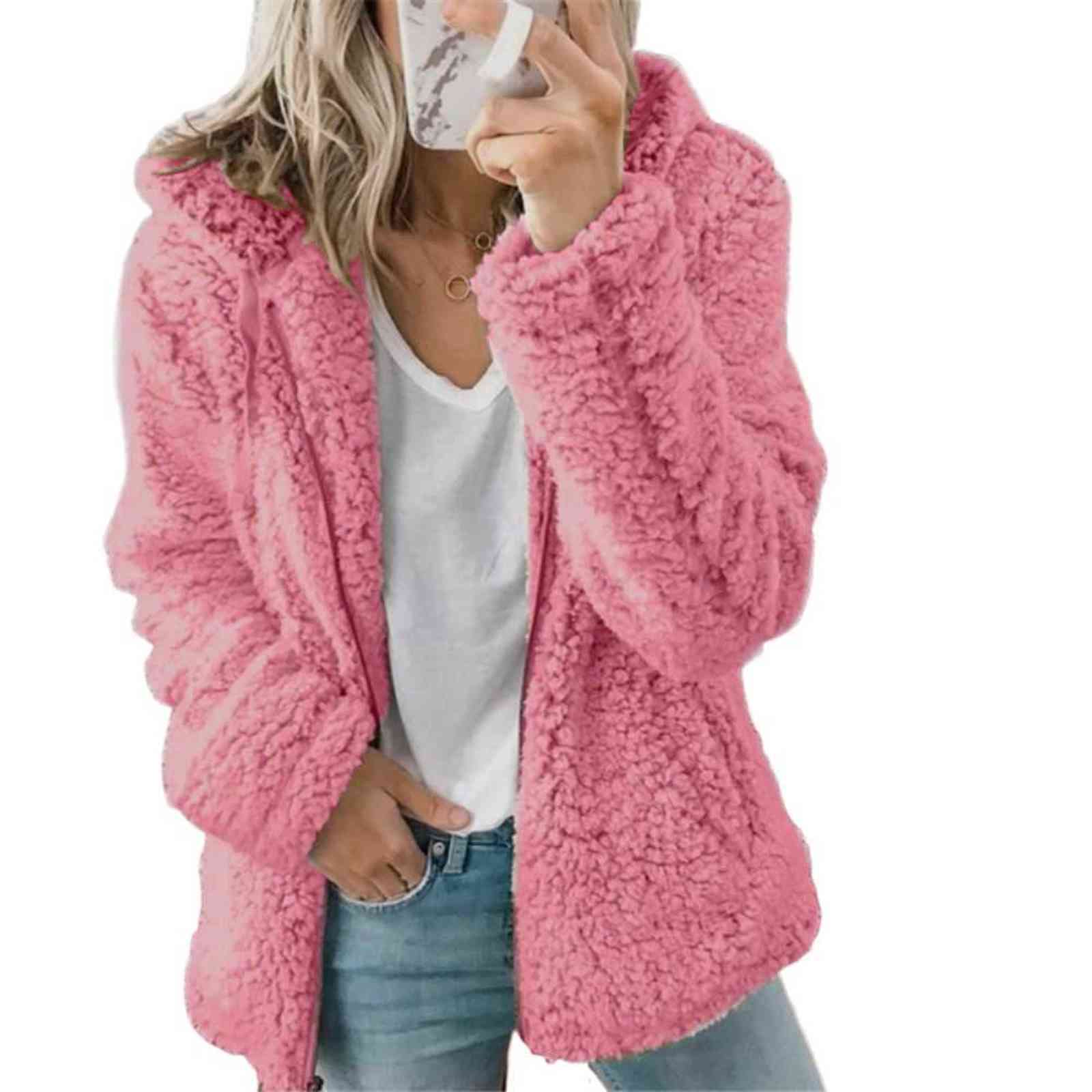 Women Autumn Winter Jacket Female Coat Causal Soft Hooded Fleece Plush Warm Plus Size Faux Fur Fluffy Zipper Top 211123