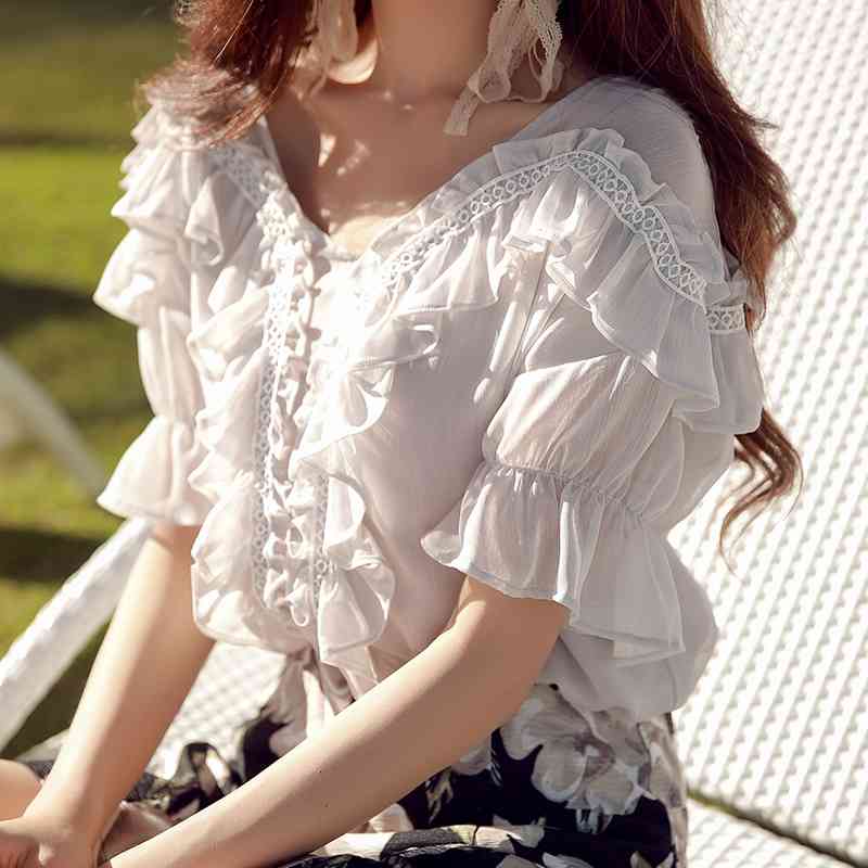 Dabuwawa Exclusive Summer Sweet Solid Chiffon Blouse Women Elegant Ruffle Short Sleeve V-Neck Shirts Tops Ladies DO1BCF005 210520
