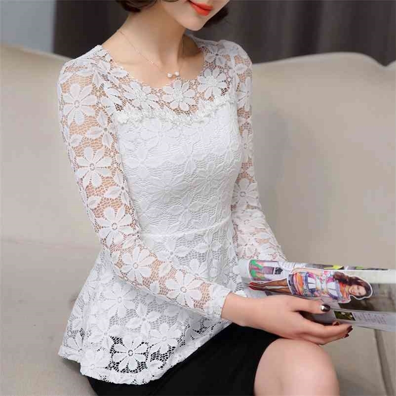 Spring Blusas Top Flowers White Lace Blouse Women Slim Long Sleeve Shirt Female Vintage Ruffle Chemise Femme 817C5 210420