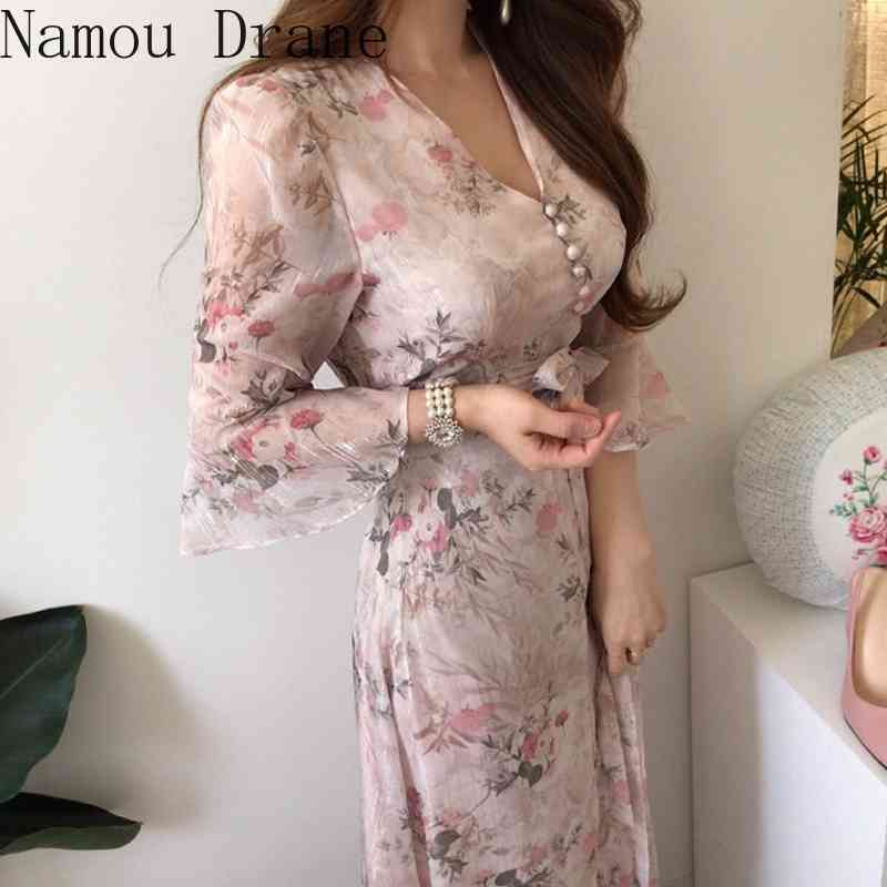 Chic Summer Women Print Midi Chiffon Dress Slim Elegant Bandage Dress Elegant Runway Dresses Vestido party dress 210630