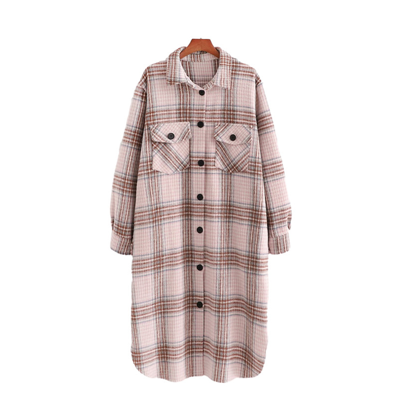 Vintage Woman Loose Light Pink Plaid Long Woolen Shirt Coat Autumn Winter Fashion Soft Outwear Female Casual Jacket 210515