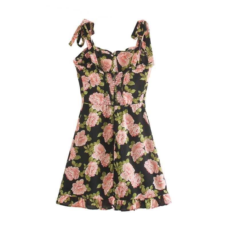 Summer Contrast Color Floral Print Women Dress Ruffles hem Tie Bow Strap Sleeveless Mini Sexy Beach Holiday Vintage 210429