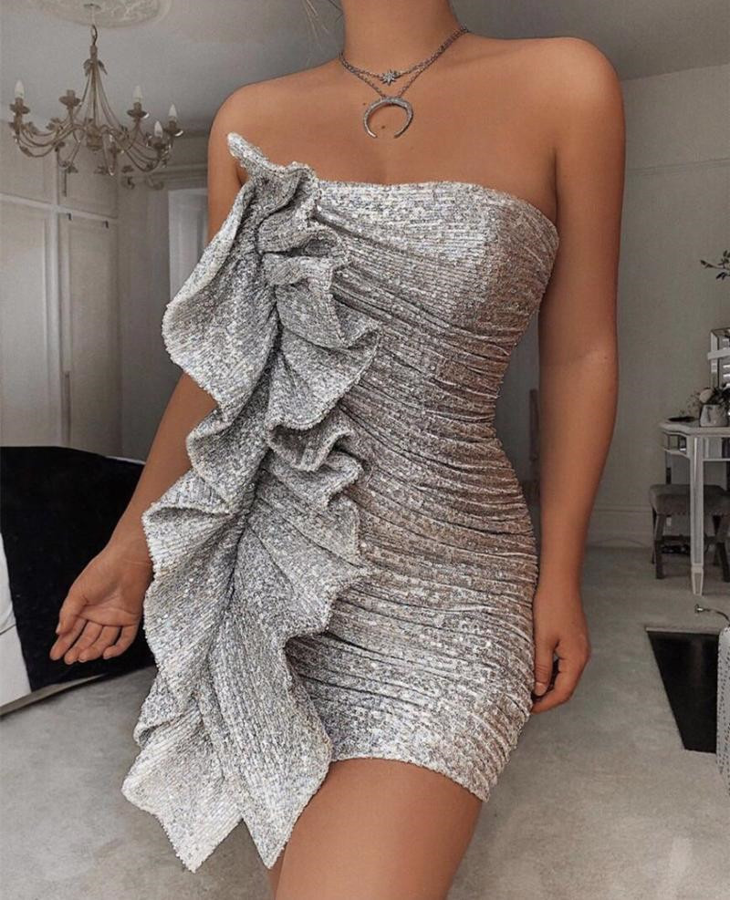 Sexy Women Silvery Reflect Light Mini Dress Fashion Ladies Draped Ruffles Vestidos Sweet Female Chic Slim Dresses 210430