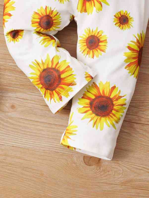 Baby Solid Bodysuit & Sunflower Print Ruffle Trim Jumpsuit SHE