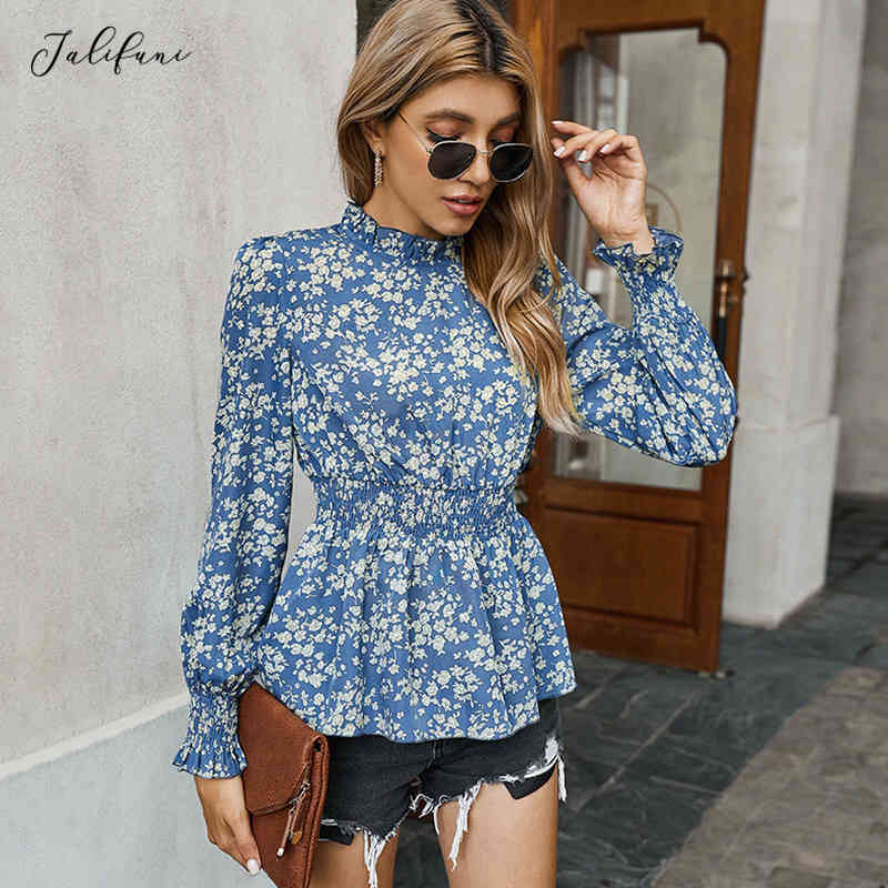 Women Tops And Bloues Autumn Spring New Fashion Blue Elegant Office Ladies Floral Print Full Sleeves Slim Waisted Shirts 210415