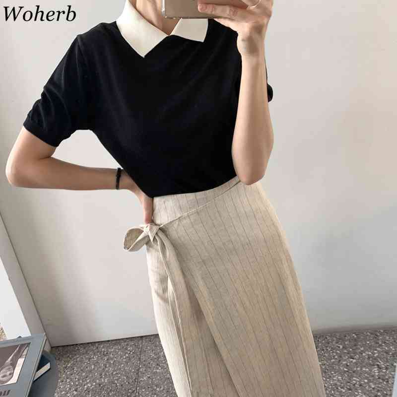 Summer Korean Tees Short Sleeve Knitted T Shirt Temperament Turn Down Collar Shirts Vintage Stripe Casual Tops Mujer 210519