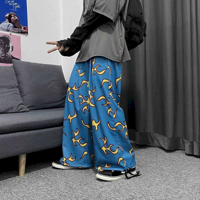 Pants Couple Harajuku Blue Flame Leggings Straight Loose High Waist Draping Wide Leg Sports Autumn/Winter 210526