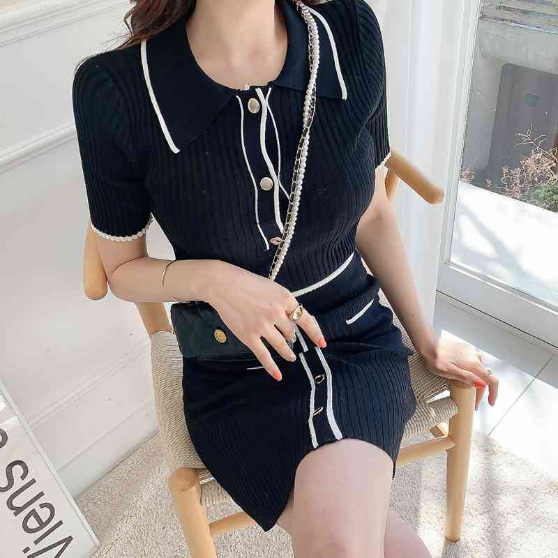 Summer women's Koreanedition Temperament Slim knit Round Neck Top Solid Purecolour Short Sleeve Fashion Skirt Suit 210506