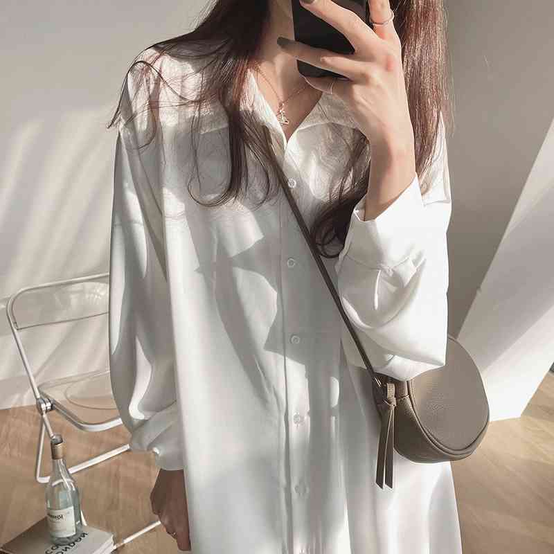 S-XL spring Long sleeve shirt Dress woman Lady loose shirt Autumn White Maxi Beach Dress womens Robe Vestido (G3299 210423