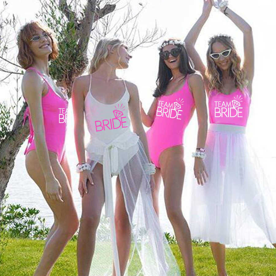 Thong padded Sexy Swimsuit BRIDE& SQUAD Female Women Fused Swimwear Backless White Team BRIDE Bather Monokini Bikini 210630