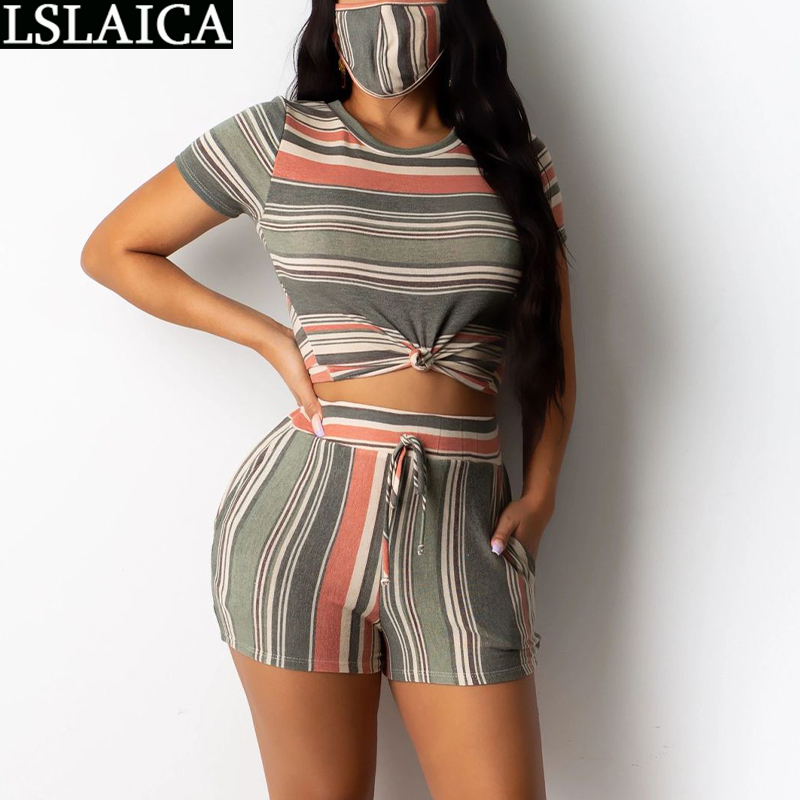 Set Woman 2 Pieces Short Sleeve Blouse&short Pants Striped Print Casual Two Piece Women Summer Fashion Office Lady 210520