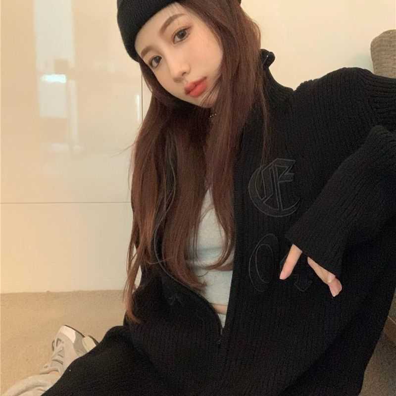 Letter Embroidery Oversized Sweater Women Sweaters Zip-up Long Sleeve Loose Cardigan Korean Chic Knitwear Outerwear Y2k Tops 211018
