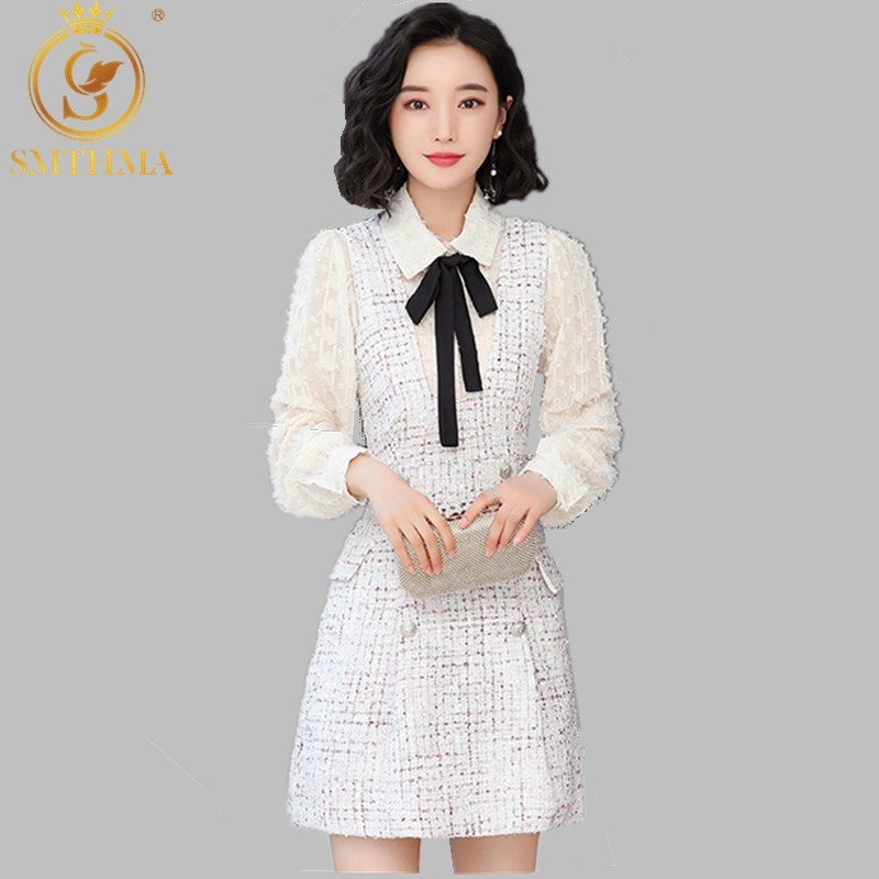 Autumn And Winter Two Piece Dress Set Women Long sleeve Bow Shirt Tweed Suit Casual Robe Femme 210520, Photo color 
Autumn And Winter Two Piece Dress Set Women Long sleeve Bow Shirt Tweed Suit Casual Robe Femme 210520, Photo color