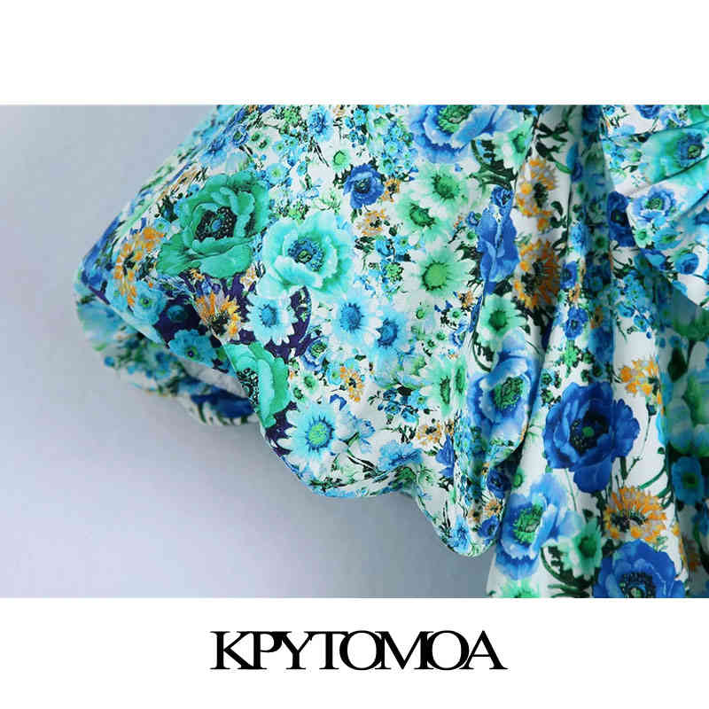 Women Chic Fashion Floral Print Ruffled Smocked Mini Dress Square Collar Short Sleeve Female Dresses Mujer 210420