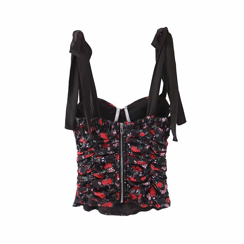 Harajuku Rose Floral Print Black women Camisole Summer Tie Bow Lace-up Bandage Tank Tops Retro Cool Girl Sexy Slim Crop Top Tees 210429