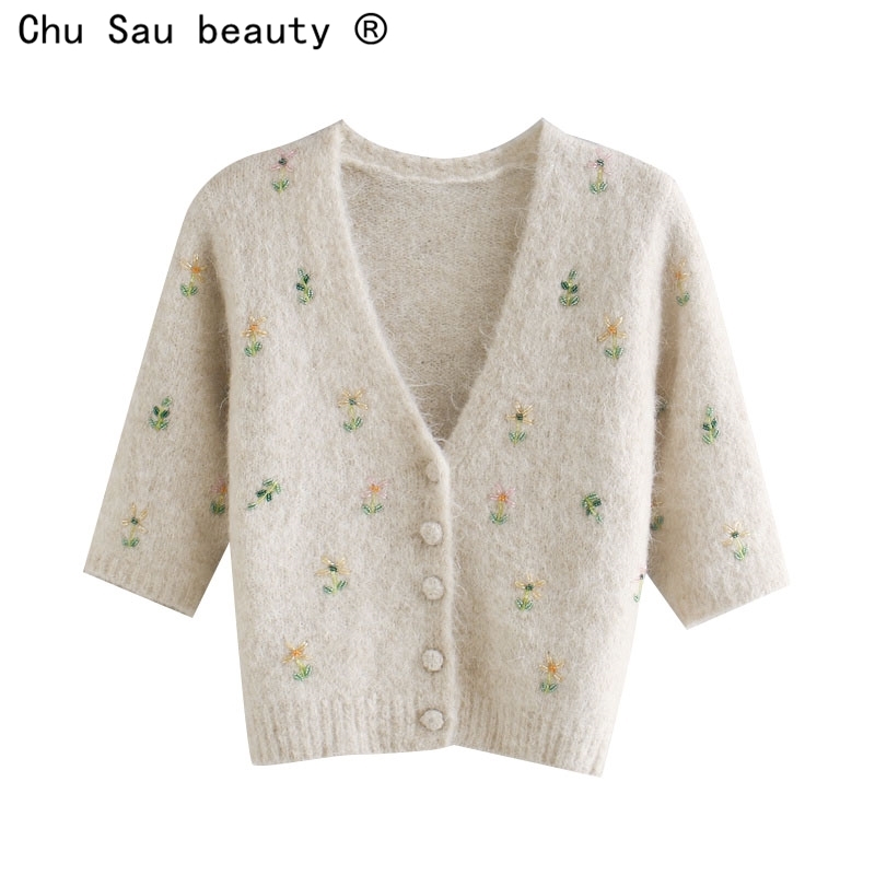 autumn winter fashion sweet V-neck embroidered beaded single-breasted knitted cardigans jacket women crop tops 210508