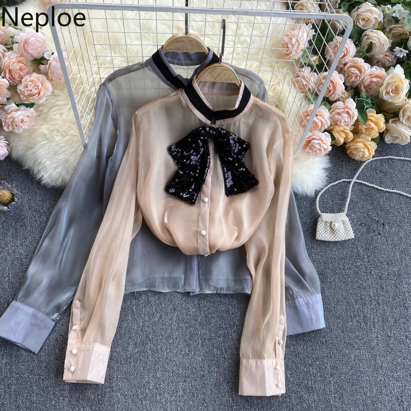 Neploe Spring Elegant Women Blouses Chic Sequined Bow Tie Shirt See Through Office Lady Tops Blusas Mujer Korean Fashion Clothes 210422