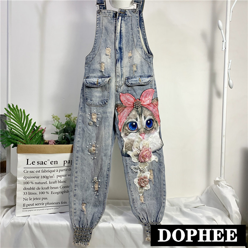 Women Cartoon Cat Print Denim Jumpsuits Rompers Overalls New Hole Ripped Loose Beaded Jeans Pants Female Casual Long Pants, Black;white
Women Cartoon Cat Print Denim Jumpsuits Rompers Overalls New Hole Ripped Loose Beaded Jeans Pants Female Casual Long Pants, Black;white