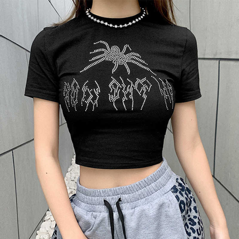 Punk Vintage Spider Graphic Black T-Shirts Mall Goth Y2K O-Neck Short Sleeve Crop Tops E-Girl Aesthetics Tees 210720