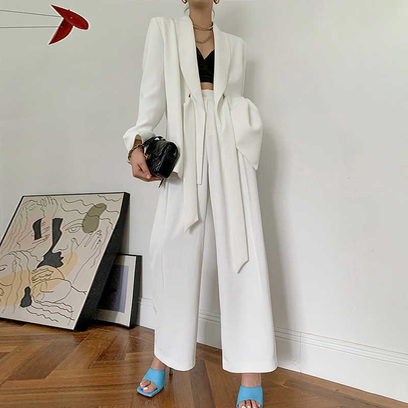 [EWQ] Coat High Waist Pants Legs Adjustable Pants Female Casual Set Women Set Lapel Collar Long Sleeve Loose Belt Blazer 211007