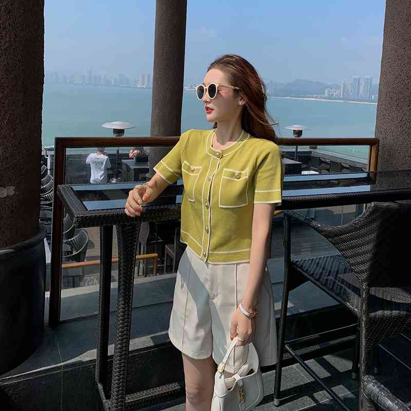 Women Summer Fashion Short-sleeved Knitted Tops Female Short Thin Cardigan Tops Ladies Solid Color Loose Tops 210515