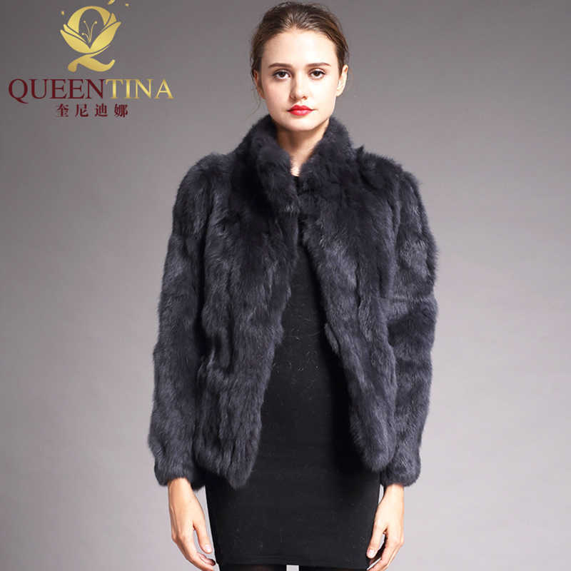 High Quality Real Fur Coat Fashion Genuine Rabbit Overcoats Elegant Women Winter Outwear Stand Collar Jacket 210928