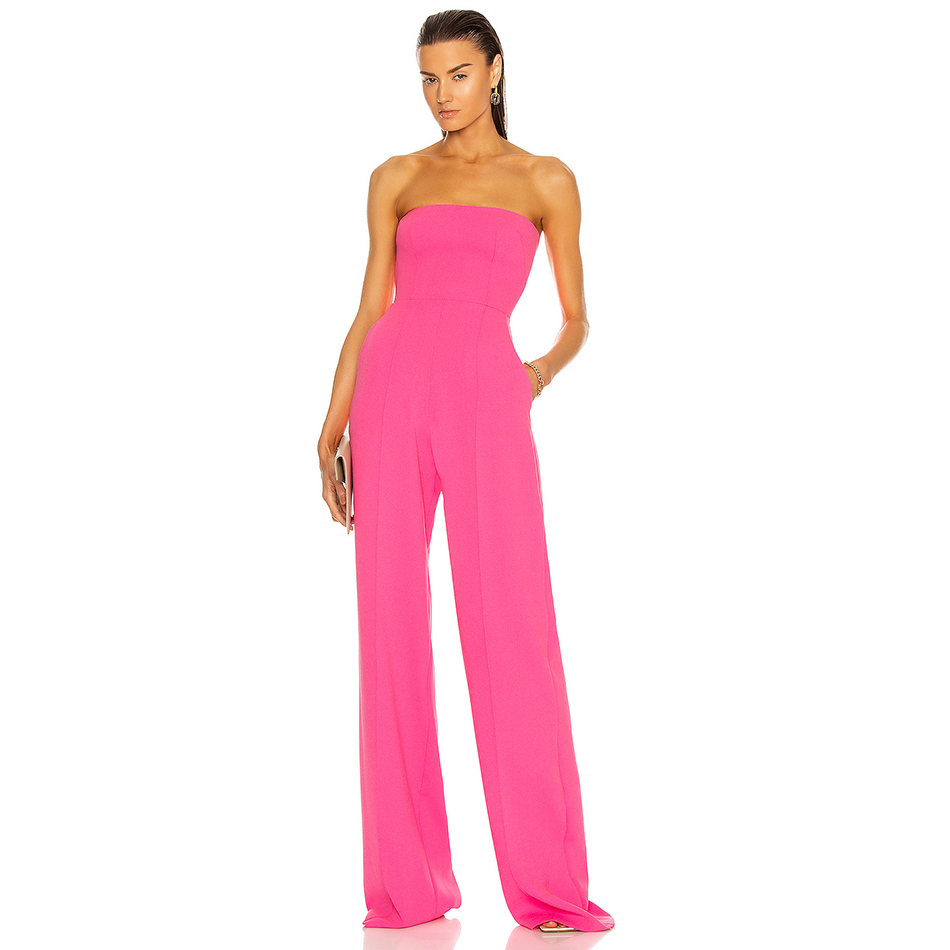 Summer High Quality Women'S Jumpsuit Curb Shoulder Sexy Celebrity Party Rose Red Tube Top Wide Leg 210525