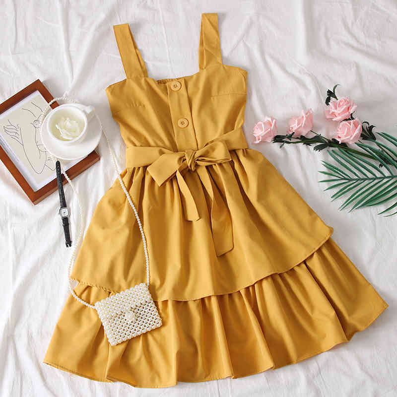 Solid Bow Bandage Sweet Student Women Dress Casual Spring Summer Dresses A-line High Waist Vestidos 210521