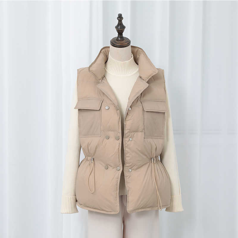 LY VAREY LIN Down Coats Vest Women Winter Pockets Drawstring Stand Collar Sleeveless Double Breasted Loose Short 210526