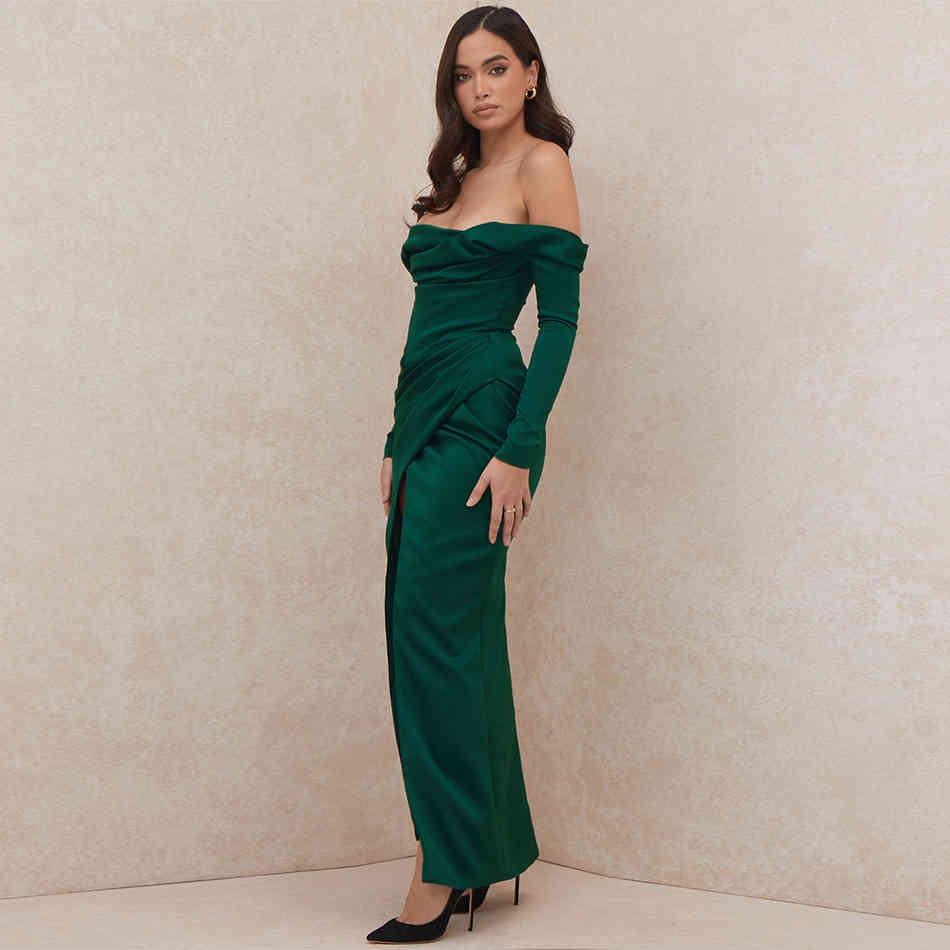 Summer Fashion Off Shoulder Long Sleeve Club Dress For Women Sexy Green Draped Evening Runway Party Maxi Dresses 210423