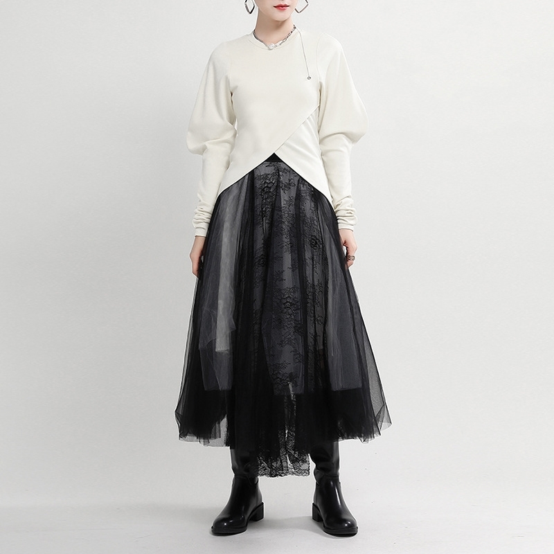 [EAM] Women Shaped Irregular Tight T-shirt New Round Neck Puff Long Sleeve Fashion Tide Spring Autumn 1DD2529 210406