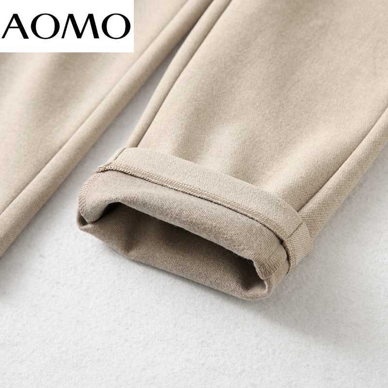 AOMO Winter Fashion Women Thick Warm Suit Pants Trousers Pockets Office Lady Elegant Pantalon YU145A 211115