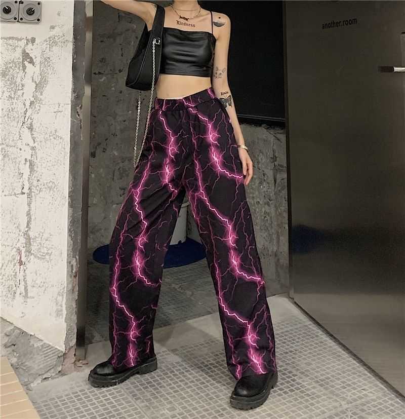 y2k Women's Pants Harajuku High Street Purple Lightning Casual Loose Oversized Wide Leg Summer Fashion Tee 210809