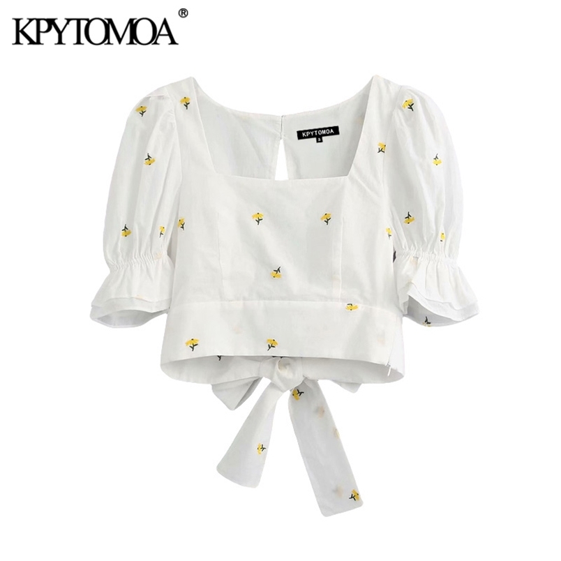Women Sweet Fashion Floral Embroidery Cropped Blouses Pull Sleeves Back Bow Tie Female Shirts Chic Tops 210420